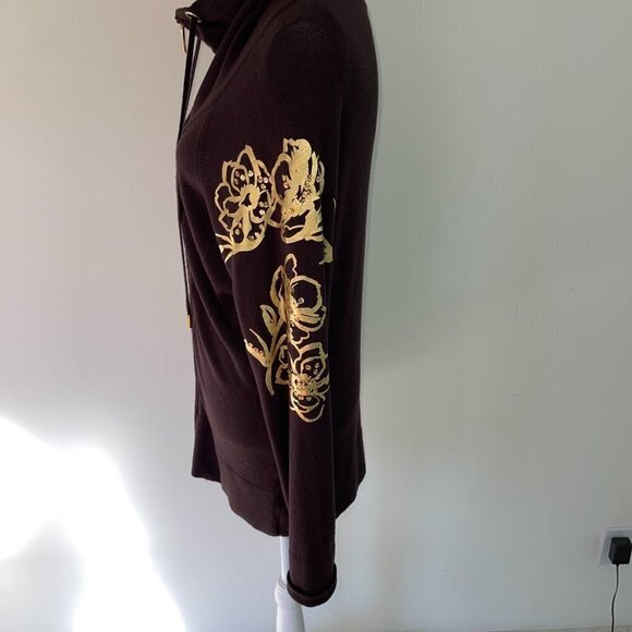 Cache Jacket Large L Womens Vintage Floral Knit Zipper Front Brown Gold Metallic - Picture 13 of 14